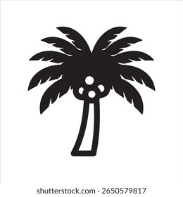 A stark black silhouette of a tropical palm tree featuring its distinctive fronds and coconuts.