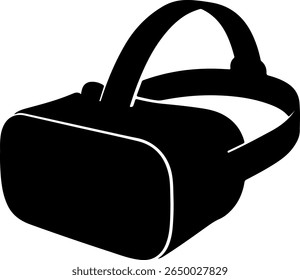 A stark black silhouette of a virtual reality headset. This distinctive silhouette style highlights the sleek design and futuristic appeal of the VR device.