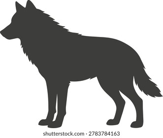 A stark black silhouette of a wolf, captured in profile, showcasing its powerful build and alert posture against a clean white background.