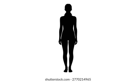 A stark black silhouette of a woman's full body is presented on a clean, white backdrop.