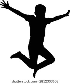 A stark black silhouette of a young boy mid-jump against a clean white background. The pose conveys excitement, energy, and a sense of uninhibited freedom, ideal for design projects.
