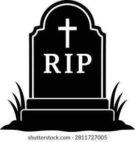 A stark black tombstone with 'RIP' and a cross, perfect for Halloween, memorial designs, or somber graphics.