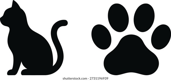 A stark black vector illustration featuring a graceful, seated cat silhouette beside a distinct animal paw print.