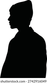 Stark black vector silhouette graphic displays the profile outline of a young man wearing headwear looking left in minimalist isolated design perfect for identity or concept representation.
