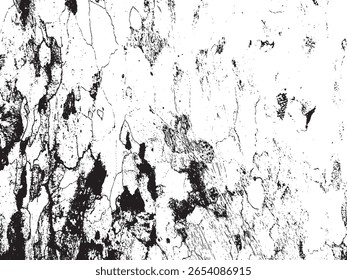 Uma textura grunge abstrata em preto e branco com uma superfície fortemente rachada com detalhes angustiados e manchas espalhadas, apresentada em um estilo silhueta em um fundo transparente.