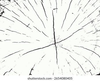 A stark black and white abstract image showcasing the natural texture of wood grain. The silhouette style highlights the prominent cracks and imperfections.