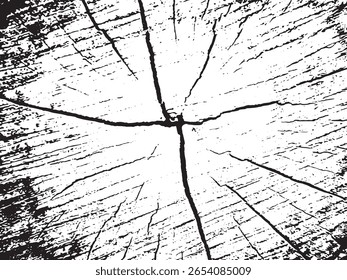 A stark black and white abstract image featuring the intricate texture of a wood grain pattern. The silhouette style highlights the radial lines and numerous cracks.