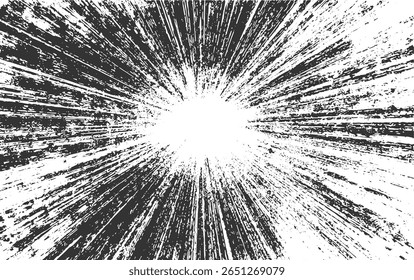 A stark black and white abstract pattern with lines radiating from a central point.