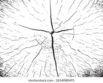 Um padrão abstrato preto e branco, semelhante a um grão de madeira com rachaduras radiais proeminentes e manchas dispersas, apresentado em um estilo de silhueta arrojada.