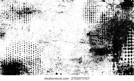 A stark black and white background featuring a dynamic mix of grunge elements, including distressed halftone patterns, ink splatters, and textured imperfections. Ideal for overlays or artistic designs
