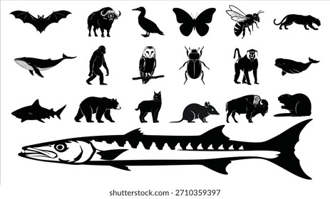 
Eine stark schwarz-weiße Zusammenstellung von Tiersilhouetten, die eine vielfältige Palette von Wildtieren aus der Luft, Land und Meer in einem grafischen Stil zeigt.