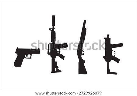 A stark black and white depiction of multiple firearm silhouettes arranged in a row.