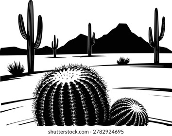 A stark black and white a desert scene. Saguaro and barrel cacti stand in silhouette against distant mountains and a clear sky.