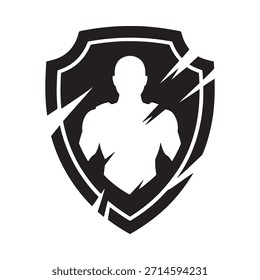 Ein krasses schwarz-weißes Emblem mit einer Kriegersilhouette innerhalb eines Schildes