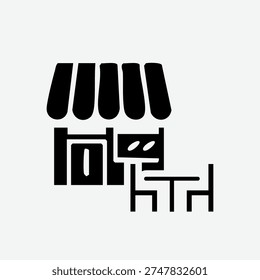 A stark black and white graphic depicts a composition of restaurant shop silhouette