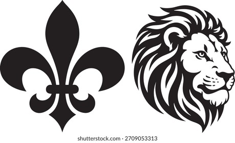 A stark black and white graphic features a stylized fleur-de-lis symbol juxtaposed with the powerful head of a roaring lion, creating a bold, iconic design.