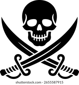 A stark black and white graphic featuring a skull with crossed sabers, a classic symbol of piracy and danger.