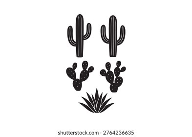 A stark black and white graphic featuring various desert plants, including cacti and agave.