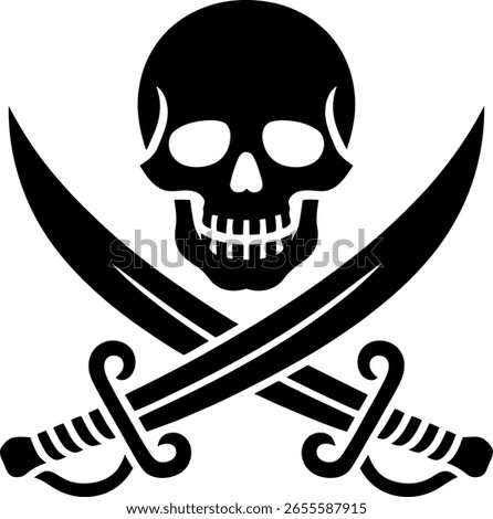 A stark black and white graphic featuring a skull with crossed sabers, a classic symbol of piracy and danger.