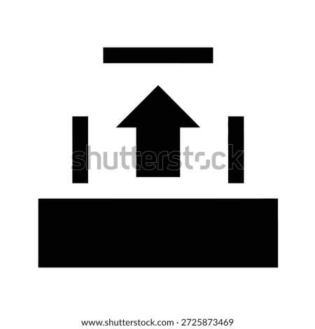 A stark black and white graphic featuring an upward pointing arrow flanked by vertical lines.