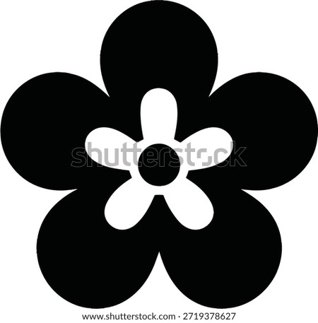 A stark black and white graphic of a five-petal flower with a central circle. The design is simple and symmetrical, set against a plain white background.