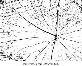 A stark black and white graphic representation of a wood grain pattern. The image features a silhouette style, highlighting the intricate cracks and lines of the wood.