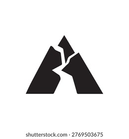A stark black and white icon featuring a split mountain range, symbolizing natural forces challenges or pathways Ideal for logos and graphic design