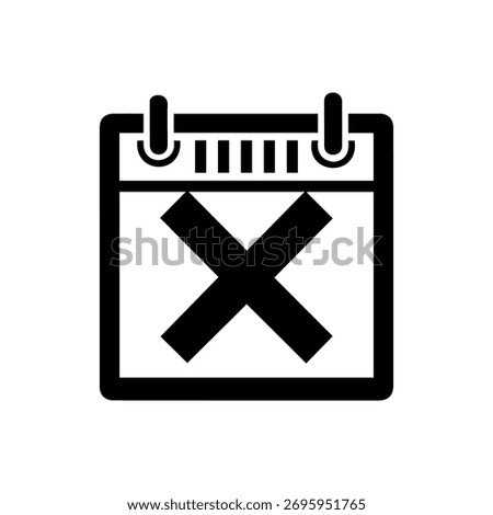 A stark black and white icon of an open calendar page marked with a prominent, bold 'X', signifying cancellation, a missed appointment, or an invalid date, presented clearly on a white background.