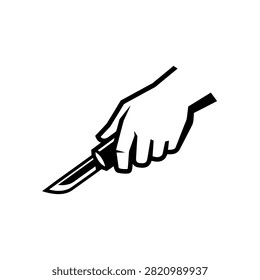 A stark black and white illustration depicting a human hand gripping a knife, suggesting danger or a tool for various tasks.