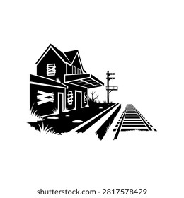 A stark black and white illustration of a desolate train station, featuring boarded-up windows, an empty platform, and parallel railroad tracks extending into the distance, with a signal post standin.