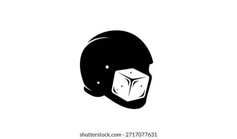 Uma ilustração preto e branco com um capacete com um dado usado criativamente como bocal, criando um design único e intrigante.