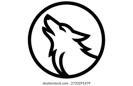 A stark black and white illustration featuring a wolf's head howling inside an oval border.
