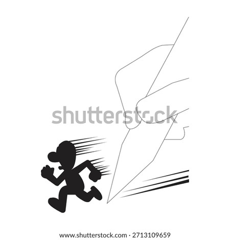A stark black and white illustration featuring a silhouette of a running man, reminiscent of a classic video game character like Mario. The character is depicted in full stride, with speed lines trail
