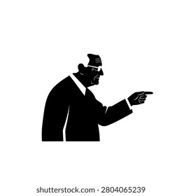 A stark black and white illustration of an old man in a suit and tie, with glasses, gesturing with his index finger.