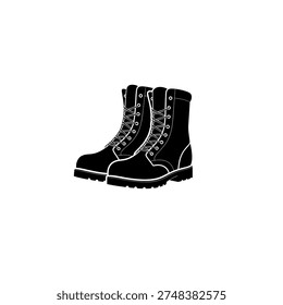 A stark black and white illustration of a pair of military boots, showcasing their rugged design and laces.