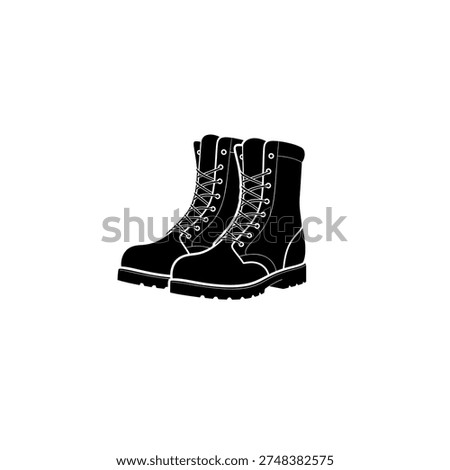 A stark black and white illustration of a pair of military boots, showcasing their rugged design and laces.