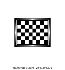 A stark black and white illustration presents a classic chessboard pattern, framed by an ornate, layered border. Checkerboard game graphic element in a minimalist style.