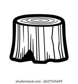 A stark black and white illustration of a tree stump, bearing the rings of time and the mark of a felled giant in the forest.