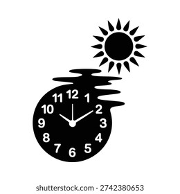 A stark black and white image combining a clock face with a sun, symbolizing time and daylight.