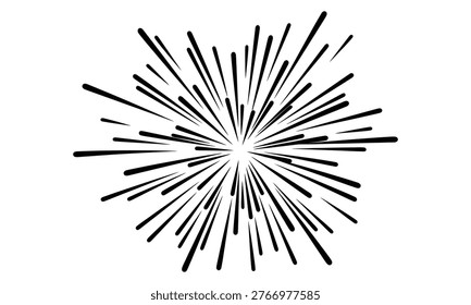 A stark black and white image depicting a radial burst or explosion, composed of numerous thin, jagged lines.