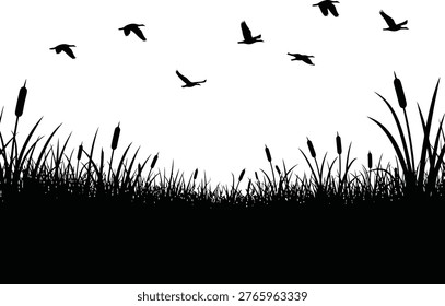 A stark black and white image depicts birds soaring above a silhouetted marsh, creating a peaceful, natural scene.