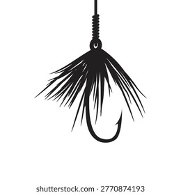 A stark black and white image depicts a fishing fly, complete with feathered barbs and a sharp, curved hook, suspended by a thin line.