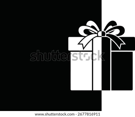 A stark black and white image features a gift box with a bow, divided by a sharp vertical line.