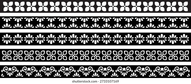 A stark black and white image presents repeating swirls and geometric forms.