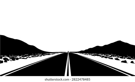 A stark black and white image of a road stretching into the distance, flanked by mountain silhouettes under a plain sky, emphasizing perspective and solitude.