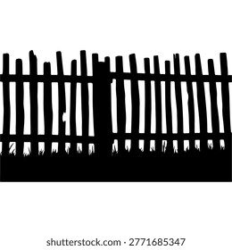 A stark black and white silhouette of a dilapidated wooden fence, showing signs of disrepair and decay.