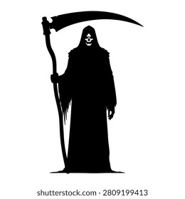 A stark black and white silhouette of the Grim Reaper figure holding a scythe, symbolizing death and mortality in a minimalist style.
