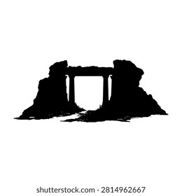 A stark black and white silhouette of the iconic Stonehenge monument showcasing its ancient stone circle structure.