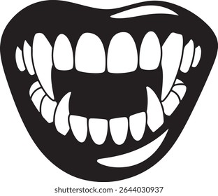 A stark black and white silhouette of a vampire's mouth features prominent sharp fangs and meticulously detailed teeth arranged in a wide, grinning expression. The style is bold and graphic.
