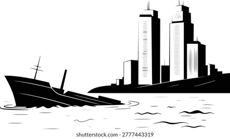A stark black and white a sinking ship in choppy water, with a silhouette of modern city skyscrapers in the background.